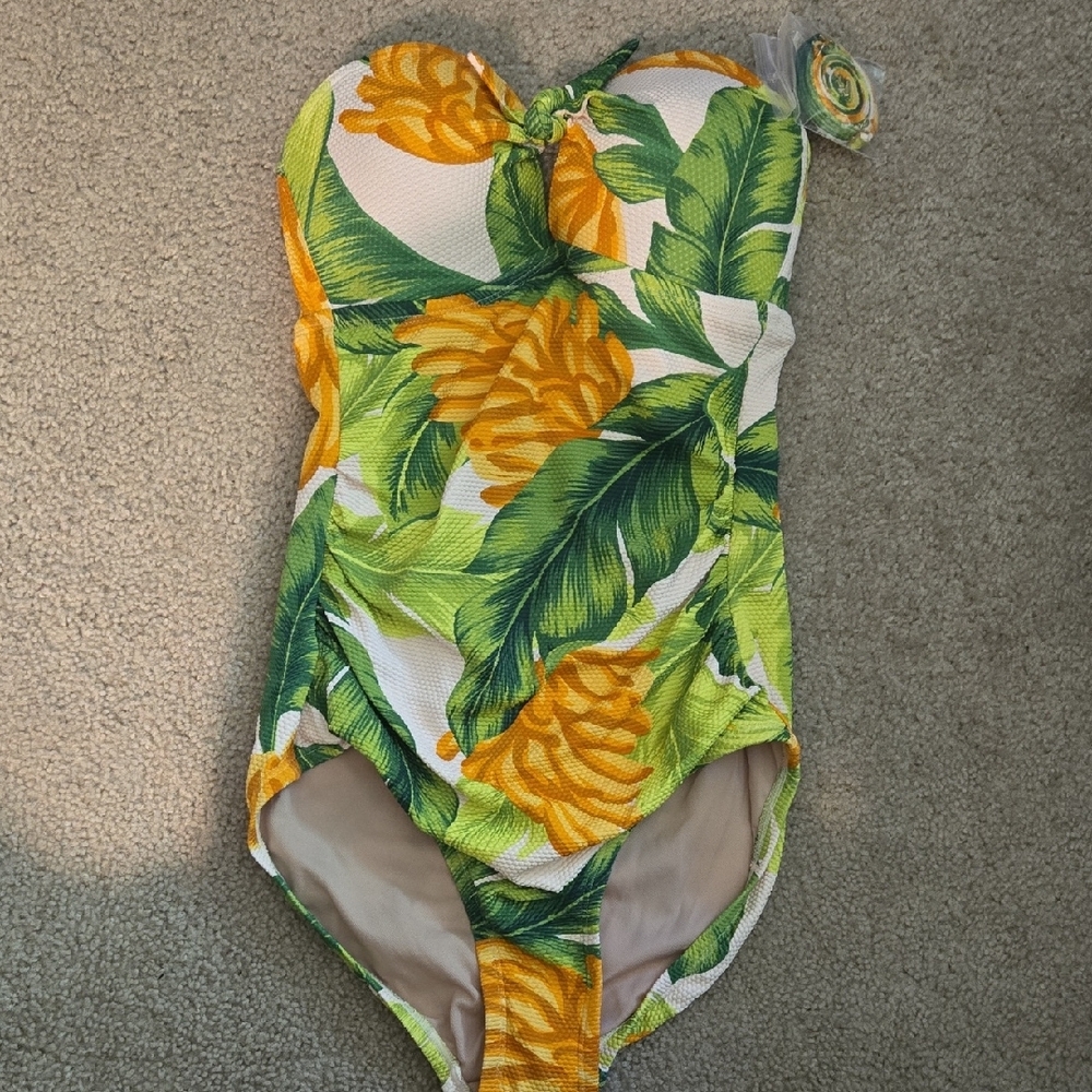 Kona Sol Yellow and Green Floral One Piece Swimsuit